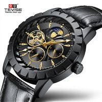TEVISE Luxury Hommes Regarder une montre mécanique automatique Strap en cuir lune Phase Tourbillon Luminous Luminous Wetwatch Relogio Masculino