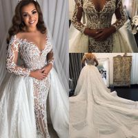 Langarm Mittlerer Osten Meerjungfrau Brautkleider mit Overkirt Abnehmbare Zugspitze Sparkly Perlen Arabische Prinzessin Wedding Kleid