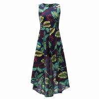Kvinnors Ärmlös Scoop Neck Floral Print Rayon Split Maxi Dress Casual Fashion Hi-Low Summer Romper Jumpsuit