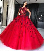 Increíble vestido de bola roja Vestidos de novia Sheer Bateau Cuello 3D-Floral apliques Vestidos nupciales de tul Longitud del piso Vestido de Novia