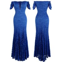 Angel-mode donne fuori dalla spalla Lace Split increspato perline Guaina maniche corte maxi elegante vestito da sera blu 453