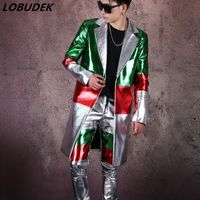 Fashion Punk Singer Singer Stars Concierto Disfraz Silver Men's Splicing Color Trajes de Cuero PU Cuero Largo Blazers Pantalones Juego de 2 piezas Trajes de escenario