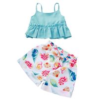 Mädchen Baumwollmischungen Light Blue Tops und Shell Druck Hose Set Zweiteiliges Kinder Hüftgürtel Tops und kurze Hosen-Anzugs-Kind-Sommer-Sets