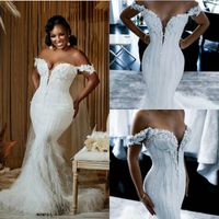 África Plus Size Vestidos de Noiva Off Ombro Lace Appliques Pena País Vestido de Noiva Varredura Trem Personalizado Feito Mermaid Robes de Mariée