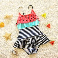 New Fashion Girls Swimwear Kids Wandmelon Striped Pattern Pushender Swimsuit Baby Girls Beach Holiday Making Traje