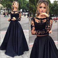 Plus Size Two Pieces Black Prom Dresses Long Sleeves A-Line Sexy Jewel Illusion Bodice Long Lace Evening Dress Party Formal Gowns SD3365