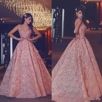 2020 Arabische Avondjurken V-hals Kant Applicaties Kralen Een lijn Princess Prom Dress Party Draag Sweep Train Formele Toga