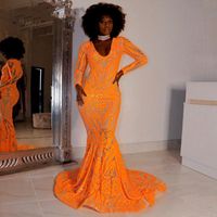 Naranja con lentejuelas sirena Vestidos de baile africanos negros niñas Árabe 2020 V-cuello más el tamaño de manga larga de los vestidos de noche del cóctel del partido del vestido formal