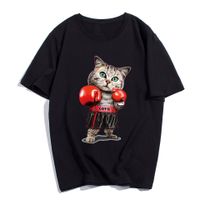 E-Baihui Homens O Pescoço Algodão Manga Curta Boxering Cat camisetas Engraçado Gato Animal Masculinos personalizados Camisetas Aniversário presente