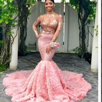 Mermaid Prom Dresses Sheer Neck Illusion See Through Maniche lunghe Open Back Pink African Black Girls Abiti da festa formale CMHP0