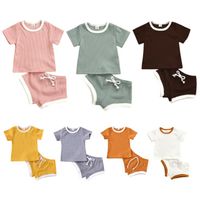 Bebek Giysileri Çocuklar Makale Çukur Katı Giyim Setleri Erkek Kız Yaz Kısa Kollu Üst Şort Suits Çocuk Rahat Pamuk Giysileri YP872