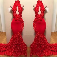 Red High Neck Prom Kleider 2019 Sexy Handmade Flowers Mermaid Abendkleider zählen Zug schwarze Mädchen afrikanische Kleid rückenfrei aushöhlen BC1038