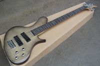 Factory Custom 5 cuerdas Brown Electric Bass Guitar con chapa de arce flameado, herrajes de cromo, diapasón de palisandro, oferta personalizada