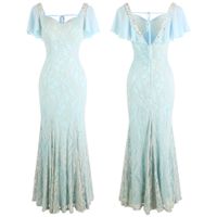Angel-Fashions Cap Sleeve Chiffon Deep V Backlless Vestidos de Noite Longo Beading Rendas Festa Vestido Vestido Cinza Azul 462
