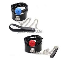 Leather Buckled Neck Collar Choker Mouth Gag Leash Chain Res...