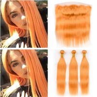 Оранжевые Бразильские прямые пучки человеческих волос с прямыми чистыми оранжевыми 3 пучками волос с 13x4 кружевными лобными