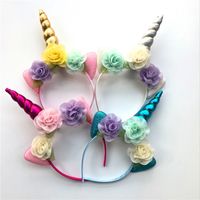 Accessori per capelli di scintillio metallico Unicorn fascia ragazze chiffon Flowers Hairband per i bambini floreale Unicorn Horn partito