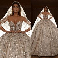 Luxo Beading Bola Vestidos de Noiva Vestidos Sparkly Flor Lantejoulas Sweetheart Dubai Árabe Vestido de Noiva Vestidos de Mariée