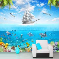 ドロップシップカスタム写真壁紙セーリングイルカ3D水中世界漫画絵リビングルーム子供寝室装飾壁壁画
