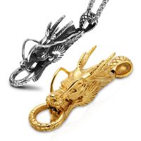 Cabeza de Dragón chino Símbolo de poder Colgantes Nuevos Hombres Collar Acero Inoxidable 316L Joyería Chapada en Oro de 18 K