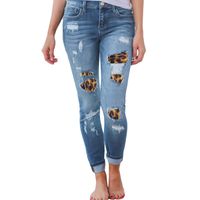 Женский плюс размер высокой талии узкие джинсы сплошные леопардовые лоскутные лоскутные нерегулярные ребристые отверстия длинные брюки карандаш вскользь стрит