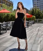 Grace Black Velvet Strapless Tea- Length Evening Dresses Spec...