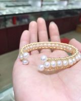 Nieuwe 14k Gold Natural Pearl Cuff 5mm Kralen Armband Bangle Armband Dames Sieraden
