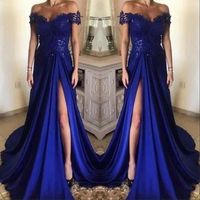 Elegante Royal Blue Lace Long Prom Party Kleider 2019 Schulterfrei Flügelärmeln Split Bodenlangen Satin Abendkleider Formale Frauen Abendkleid