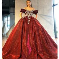 2020 Étincelles rouges à paillettes Quinceanera robes princesse hors de l'épaule douce 15 filles filles fête de paire des robes de pageant plus taille personnalisée faite sur mesure