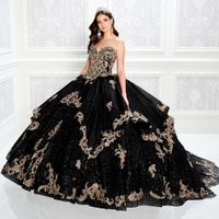 Shining Black Beaded Ball Gown Quinceanera Klänningar Sweetheart Neck Lace Appliqued Prom-kappor Sequined Sweep Train Tulle Sweet 15 Dress