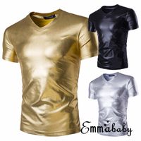 Glänsande guldbelagd metallisk T-shirt Män Caual V Neck Men T-shirt Nattklubb T-shirts Slim Hip Hop Tee Shirt Plus Storlek 2XL