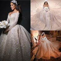 2020 Luxus Perlen Brautkleider Spitze Pailletten aus der Schulter Langarm Kirche Hochzeitskleider Custom Made Plus Size Robe de Mariage