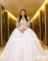 2021 Seksi Balo Gelinlik Artı Boyutu Boncuklu Sheer Dantel Aplikler Uzun Kollu Prenses Düğün Elbise Gelin Törenlerinde Özel Renk