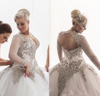 Plus Size Puffy Ball Gowns Brautkleider Kristall Pailletten V-Ausschnitt Langarm Brautkleider Spitze Appliques Dubai Arabisches Hochzeitskleid