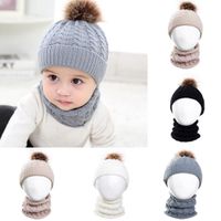 2 Adet Set Bebek Çocuk Örme Şapka Eşarp Çocuk Kış Sıcak Ponpon Kürk Caps Beanie Sevimli Erkek Kız Pom Pom Şapka Halka Eşarplar Suit