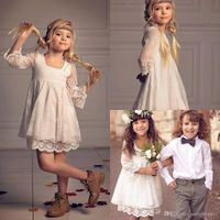 Vestidos de fiesta con estilo de encaje para niñas de flores de manga larga con manga 3/4 y vestidos cortos de marfil lindos para niñas pequeñas y baratas