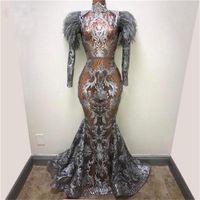 Durchsichtig Spitze Ballkleider Sexy hohe Ansatz Federn mit langen Ärmeln Mermaid Abendkleid Illusion Partei-Kleider vestido de festa