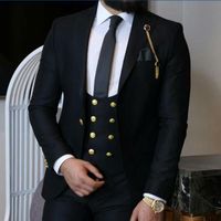 Knappe Gouden Knopen GroomsMen Peak Revers Bruidegom Tuxedos Mannen Past Bruiloft / Prom Man Blazer (Jacket + Pants + Vest + Tie) A231
