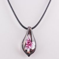 Wholesale- Fashion Flowers Necklace Modern Style Lampwork Water Drop Shape Murano Glass Pendant Women Leather Chain Necklace