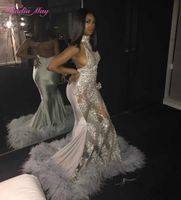 Silver High Neck Prom Dresses Sparkly Crystal Beaded See Through Evening Gown Sexy Plus Size Formal Party Gown Wiith Feathers