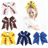 7&quot; Large Softball Team Baseball Cheer Bows Handmade Yellow Ribbon and Red Glitter Stiches with Ponytail Hair Holders for Cheerleading Girls