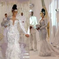 Modest Mermaid Bröllopsklänningar Juvel Neck Långärmad Tulle Lace Applique Crystal Feather Wedding Gowns Sweep Train Robe de Mariée