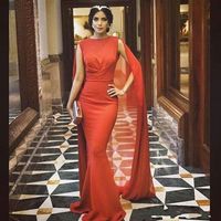 2019 Nowy Gorący Nowy Red Carvet Celebrity Sukienki z długim Cape Cape Wrap Arabski Pakistański Prom Evening Suknie Mermaid Custom Made 437