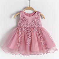Nuevo Llegada Baby Girls Dress Dddler Flower Applique Lace Tulle 1 Año Cumpleaños Vestido Vestido Chicas Bautismo Vestido