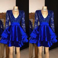 Shiny Royal Blue HomeComing платья с короткими выпускными платьями до колен длиной длинные рукава блестки аппликационное коктейльное платье