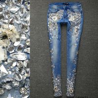 Marka Kadınlar Lüks Rhinestones Elmas Tozluklar Denim Jeans Kadın Pantolon Sıska Stretch Plus Size Kalem İnce Vintage Pantolon 63O1