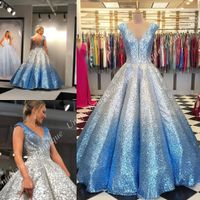Ombre Prom Dresses 2019 Ball Gown V Neck Cap Sleeves Quincea...