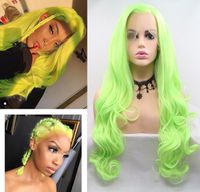 Heat Resistant Long Body Wave Hair Fluorescent Green Color Side Parting Lace Front Synthetic Wigs For Part Women Hair,Cosplay,Party