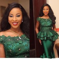 2020 Nigeria estilo encaje Vestidos de noche formal Turquía 3D Flora Apliques Abalorios Emeralda Verde Formal Ocasiones Vestidos de fiesta de fiesta de fiesta