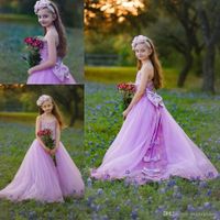 Vestidos con cuentas de encaje de la vendimia flor rosa de la muchacha de los vestidos sin espalda bata de pelota Niña boda de la vendimia de la comunión del desfile de los vestidos de los vestidos de GH78